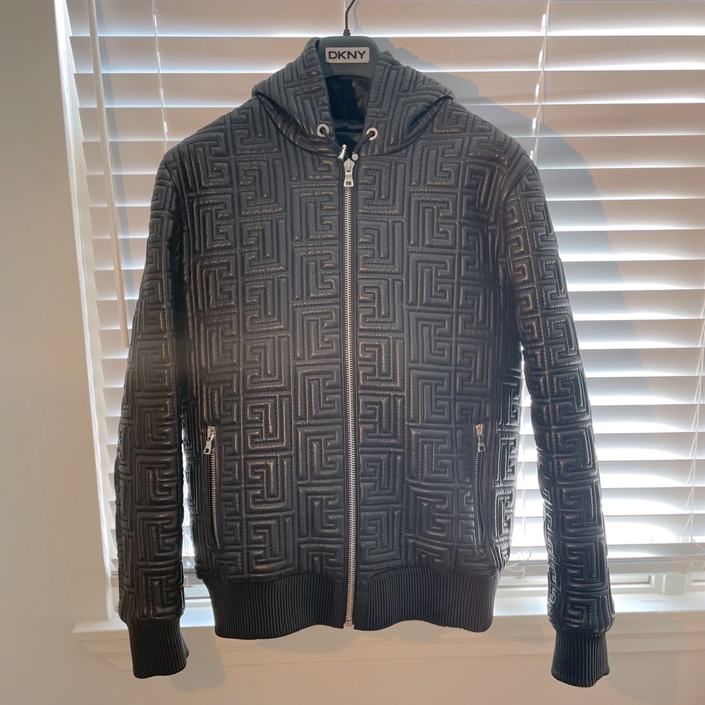 Leather Jacket by Balmain, size 48, color Black, Quilted Zipped Monogram Jacket.